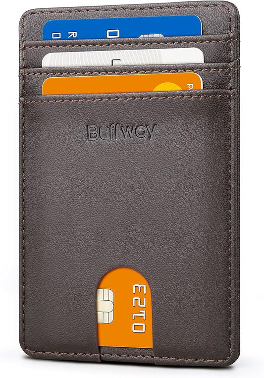 Buffway Mens Slim Wallet, Minimalist Thin Front Pocket Leather Credit Card Holder with RFID Blocking for Work Travel