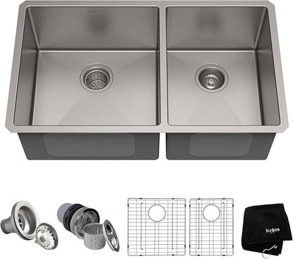 Kraus Kitchen Sinks Undermount - 33 Inch Stainless Steel Kitchen Sink, 60/40 Double Bowl, 16 Gauge, Model KHU103-33