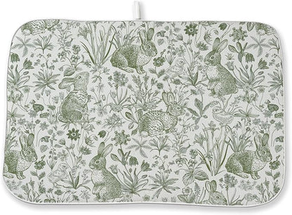 Easter Dish Drying Mat 18 x 24 Inch Sage Green Bunny Floral Drying Mat by Sorktse