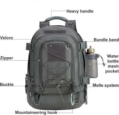 Large Tactical Backpack for Men Military Backpack with DIY System for Travel, Work,Camping,Hunting,Hiking,Sports (GRAY)