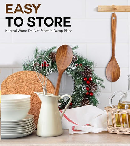 Wooden Spoons for Cooking, Natural Premium Teak Wooden Spoons, Good Grip Large - Image 6