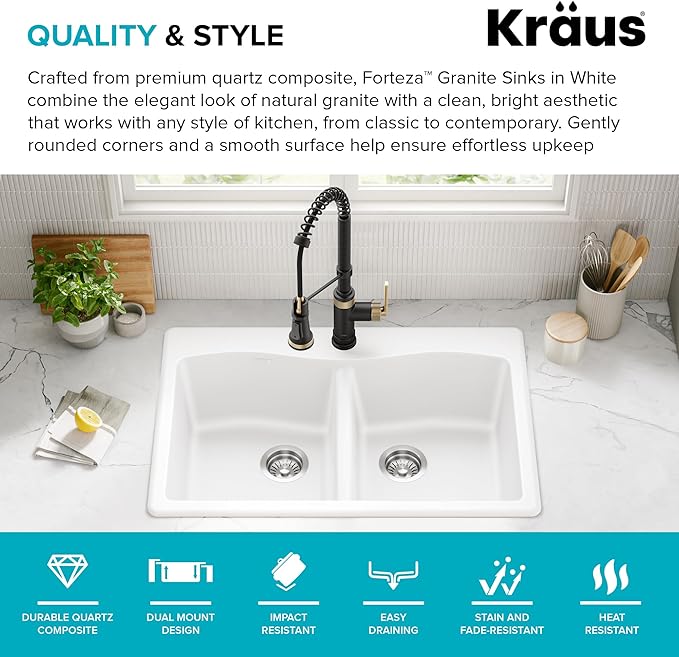 KRAUS Forteza 33-inch Granite Drop In/Undermount 50/50 Double Bowl White Kitchen Sink, KGD-52WHITE