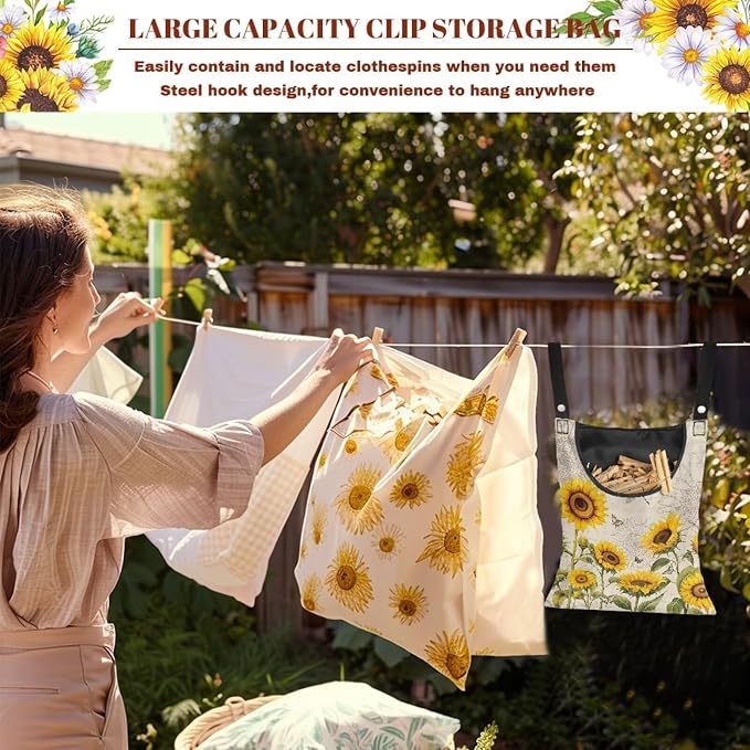 2 Pcs Sunflowers Print Clothespin Bag, Laundry Hanging Bag Fits Clothes Lines - Image 5