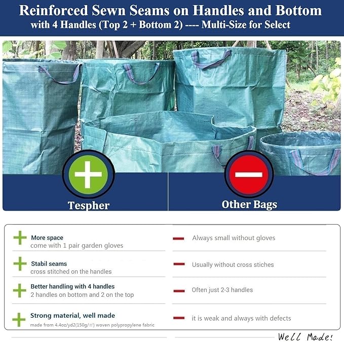 Standard 3-Pack 32 Gallons Yard Garden Bags (D18, H30 inches) with Gardening Gloves, Standable Reusable Leaf Bags,Plant Trimming Bag,Yard Waste Bags,Trash Container,Lawn Grass,Weeds Bag w/ 4 Handles
