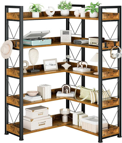 DUMOS 65 inch L Shaped Bookshelf, 5 Tier Corner Bookcase by DumosLifestyle