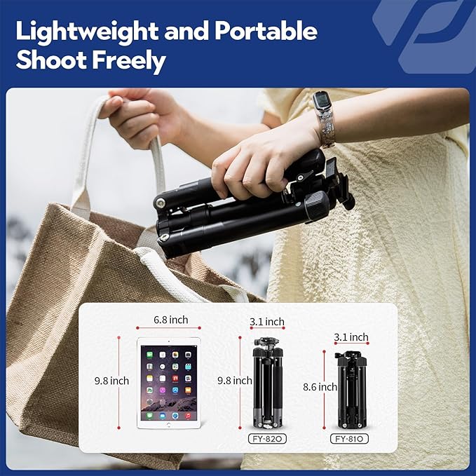 Fotopro Mini Tripod with Ball Head, Phone Mount Detachable Selfie Stick, Folded only 8.6", Max Load up to 6.6 lbs. FY-810 Matt Grey