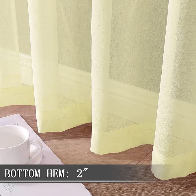 Tollpiz Short Sheer Curtain Living Room Linen Textured Curtains Sheer Light Filtering Voile Rod Pocket Curtain for Bedroom, 38 x 54 inches Long, Transparent Yellow, Set of 2 Panels