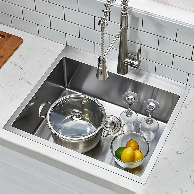 Comllen 25 x 22 Inch Drop In Kitchen Sink, Brushed Nickel Topmount 16 Gauge Stainless Steel Kitchen Sinks, 9 Inch Deep Utility RV Sink with Dish Grid and Basket Strainer