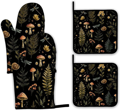 Mushroom Forest Plant Oven Mitts and Pot Holders, Dragonfly Heat Resistant Oven by Unknown