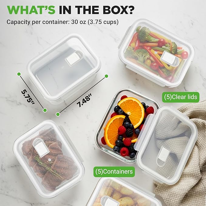 NutriChef 10-Piece Superior Glass Food Storage Containers Set, Stackable - Image 8