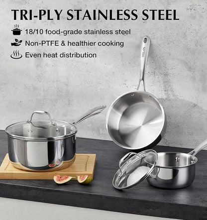 KOCH SYSTEME CS Triply Stainless Steel Saucepan Set, 1QT & 2QT & 3QT Stainless - Image 6