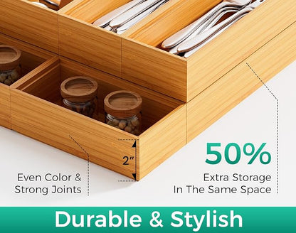 Long Bamboo Kitchen Drawer Organizer Boxes – 17" x 6" Stackable Wood Silverware - Image 4