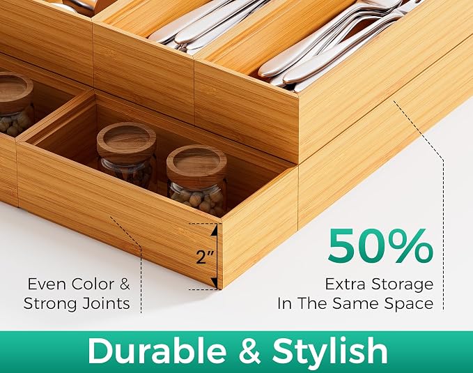 Bamboo Kitchen Drawer Organizer Set of 2, Stackable 15" x 6" Wood Silverware - Image 2