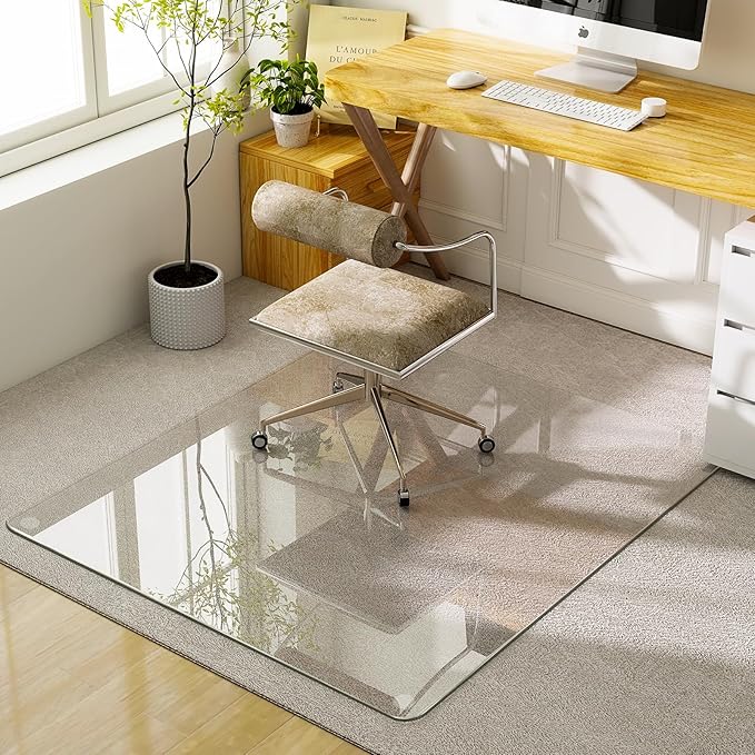 GLSLAND 47"x40" Tempered Glass Chair Mat Heavy-Duty Floor Protector for Carpet & Hard Floors Scratch-Resistant Office Computer Desk Mats Clear