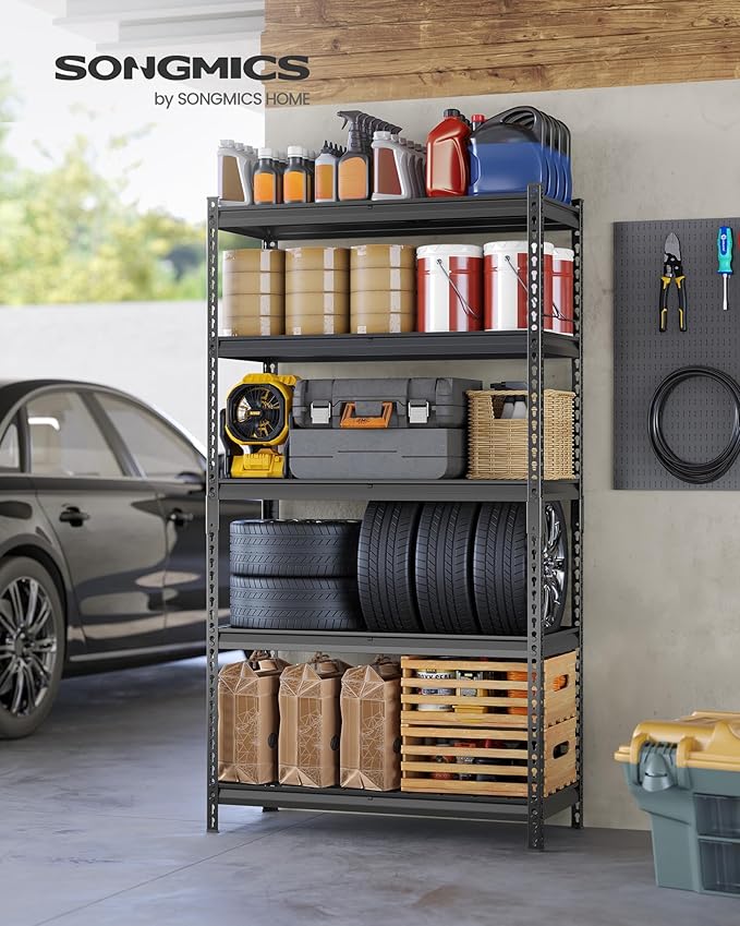 SONGMICS 5-Tier Storage Shelves, Heavy-Duty Garage Shelving, Adjustable Shelving Unit, Steel Shelf, Boltless Assembly, for Garage, Shed, 2,250 lb Load, 18 x 36 x 72 Inches, Ink Black UGLR453B01