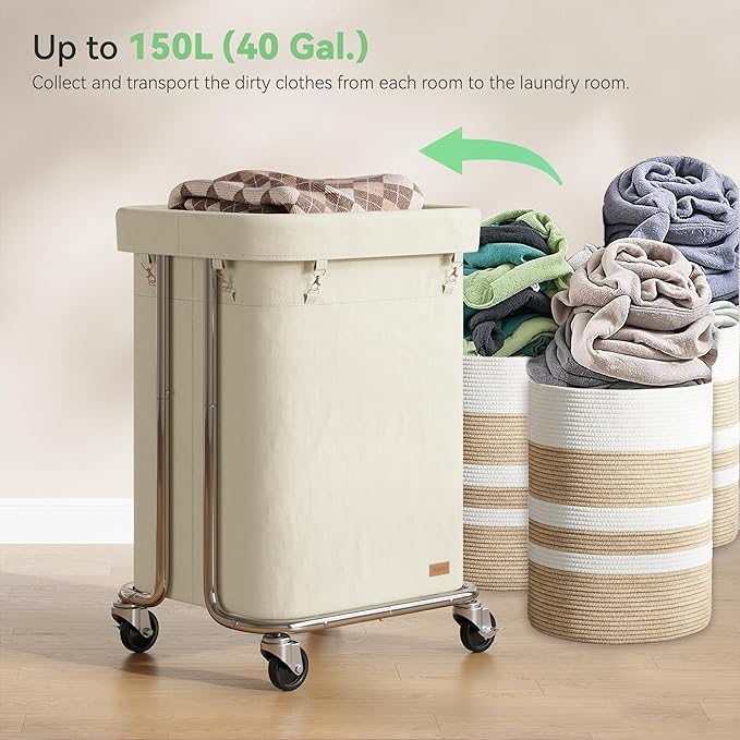 Laundry Basket with Wheels 150L/40Gal, Rolling Laundry Hamper with Steel Fram and Removable Washing Bag,Laundry Sorter Cart for Laundry Room,Hotel,Dorm,