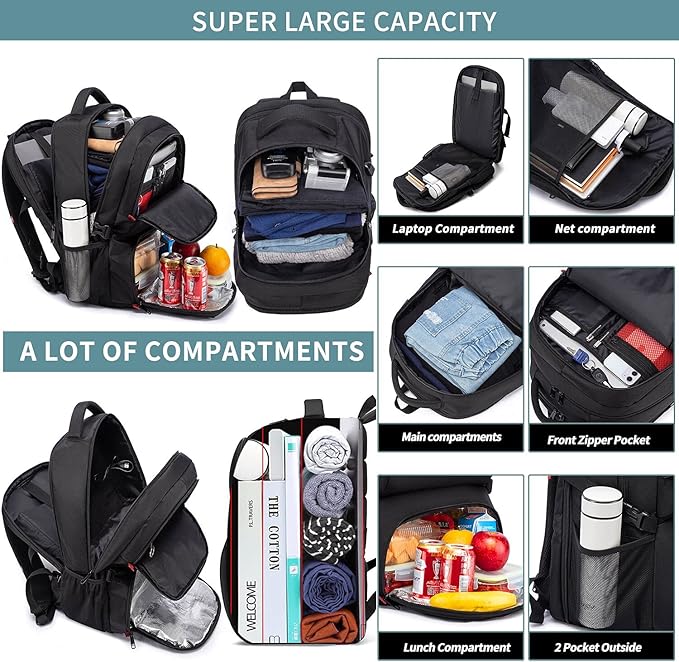 HILUSEN Extra Large Backpack for Men 50L, Insulated Cooler Lunch Box Backpack, Water Resistant 17inch Travel Laptop Work Bookbag with USB Charging Port,Black