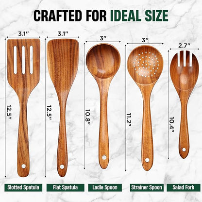 Bkiok Wooden Spoons for Cooking, Natural Teak Wood Kitchen Utensils Set for - Image 4