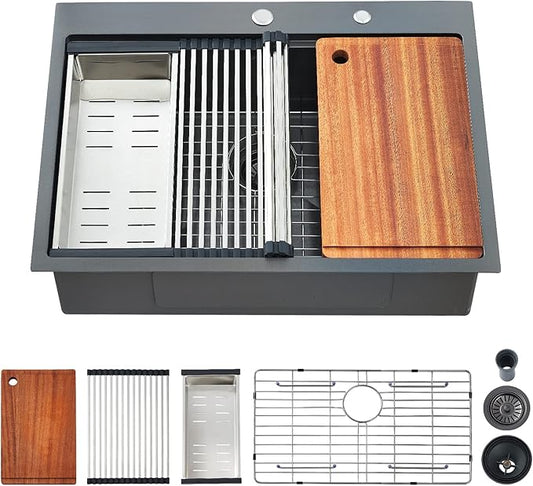 25 Kitchen Sink Drop-In Workstation, 25 x 22 Inch Gunmetal Black Stainless Steel Workstation Sink Topmount Single Bowl with Cutting Board,for Kitchen, Laundry, Utility Room