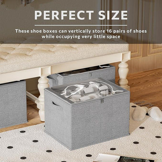 Shoe Organizer for Closet, 2 Pack Sturdy Shoe Storage Bins with Clear Cover, Fits 16-32 Pairs, Foldable Shoe Storage Box with Reinforced Handles (Grey, 19.7 * 15.7 * 12.6in)