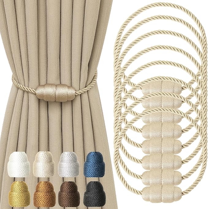 Magnetic Curtain Tiebacks Rope Curtain Tie Backs for Curtains 8 Pack Curtain Holders for Drapes Decorative Window Curtain Holdbacks, Beige