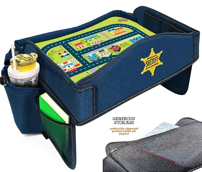 Coolmum Kids Travel Tray, Toddler Car Seat Tray, Double Sided Activity Organizer, Snack Lap Table, Baby Stroller Tray, Airplane Play Table, Waterproof and Foldable (Premium Blue)