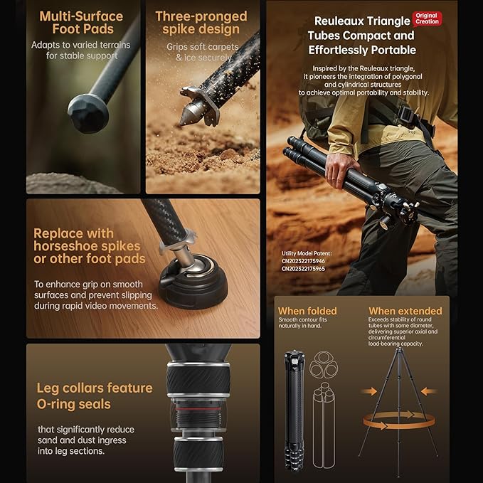 FALCAM TreeRoot Carbon Fiber Medium Tripod, 4-Section Legs, 50kg Vertical Load, 30mm Large Diameter, Quick Lock Tripod Only-T00A4901