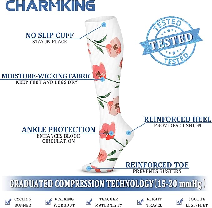CHARMKING Compression Socks for Women & Men Circulation (3 Pairs) 15-20 mmHg is Best Support for Athletic Running Cycling