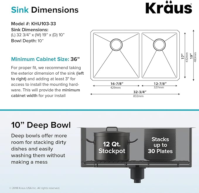 Kraus Kitchen Sinks Undermount - 33 Inch Stainless Steel Kitchen Sink, 60/40 Double Bowl, 16 Gauge, Model KHU103-33