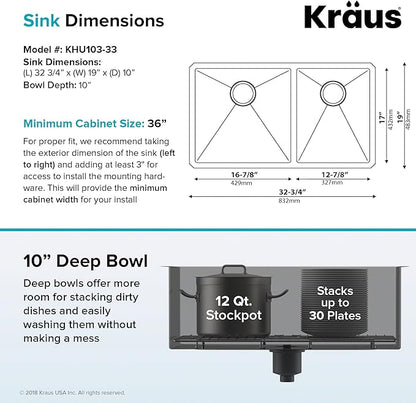 Kraus Kitchen Sinks Undermount - 33 Inch Stainless Steel Kitchen Sink, 60/40 Double Bowl, 16 Gauge, Model KHU103-33