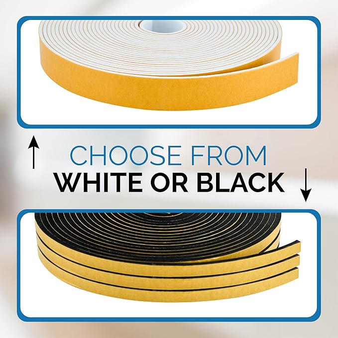 High Density Foam Weather Stripping Door Seal Strip Insulation Tape Roll for Insulating Door Frame, Window, Air Conditioner | Self Adhesive Sealing Weatherstrip (White, 1 in x 1/4 in x 30 Ft)