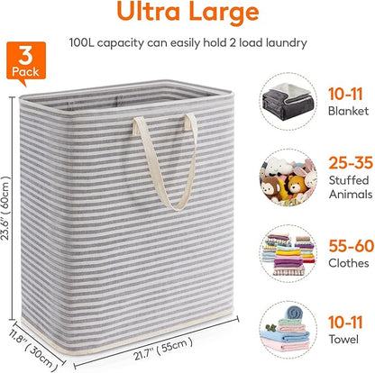 Lifewit 3 Pack Laundry Hamper Large Collapsible Laundry Baskets, Freestanding Waterproof Clothes Hamper with Easy Carry Handles in Laundry Room Bedroom Bathroom College Dorm for Adults, Gray, 3 x 100L