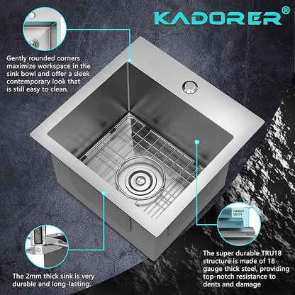 15 x 15 Inch Drop In Bar Sink, Small Kitchen Sink Single Bowl Topmount Bar Prep Sink 18 Gauge Stainless Steel Bar Sink with Grid and Basket Strainer