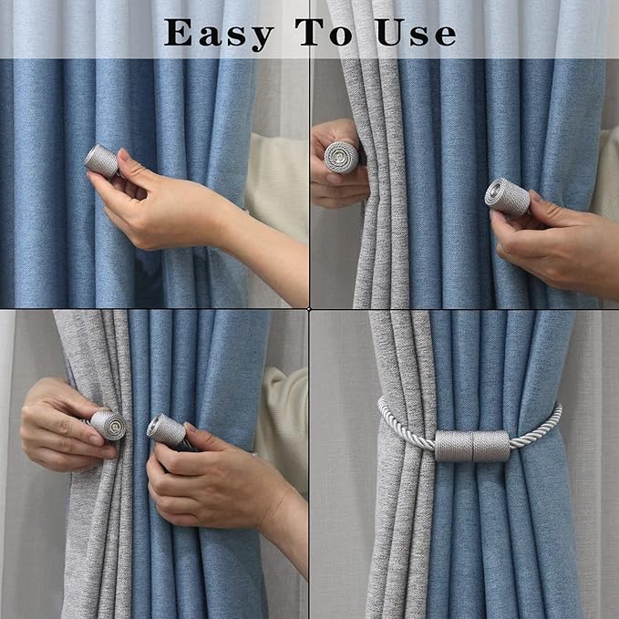 2 Pack Grey Strong Magnetic Curtain Tiebacks Outdoor Elegant Decorative Tie Backs Modern Rope Tiebacks for Drapes Window Curtain Holdbacks for Draperies
