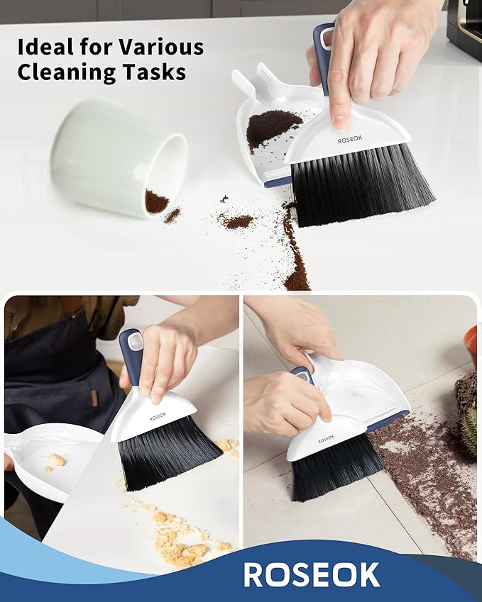 Mini Broom and Dustpan Set for Cleaning, Compact Desktop Dustpan with Brush for Kitchen Counter, Office, Car, Navy Blue, 1 Pack