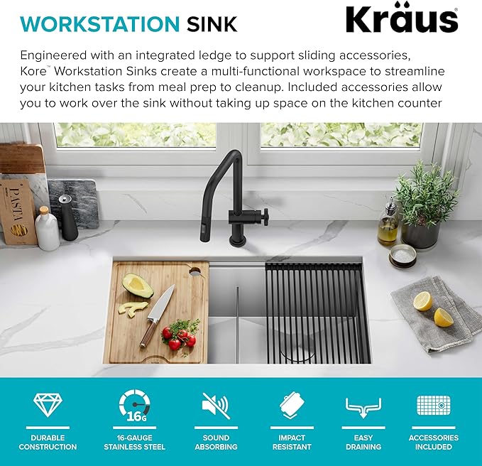 KRAUS Kore 33-Inch Undermount Workstation 16 Gauge Double Bowl Stainless Steel Kitchen Sink with Accessories, KWU112-33
