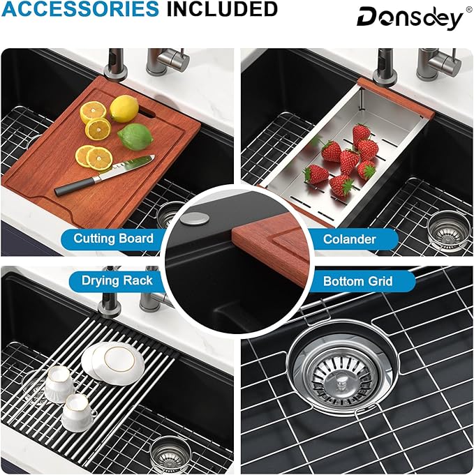 33 Inch Black Undermount Granite Composite Kitchen Sink Under Counter Quartz Single Bowl Sink Workstation Sinks with Accessories Quick Drain Noise Reduction Home Renovation Classic Style