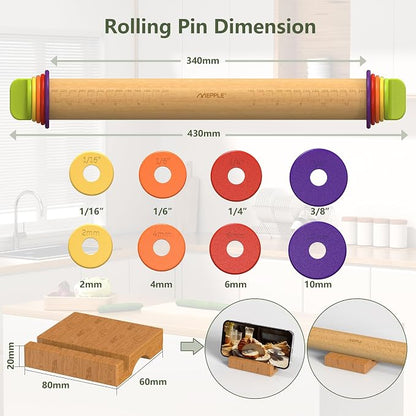 Rolling Pin with Thickness Rings and Pastry Baking Mat, 13.6" Adjustable Wooden - Image 9