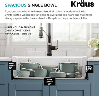 KRAUS Bellucci 33” Workstation Drop In Retrofit Farmhouse Single Bowl Granite Kitchen Sink in White with Accessories