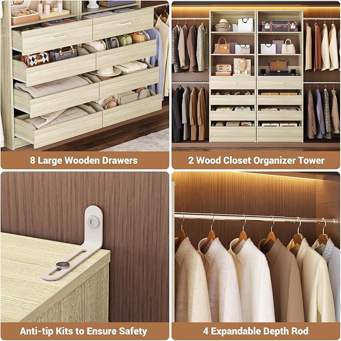 Aheaplus Closet System, 6-15Ft Closet Organizer with 8 Wooden Drawers, Wood Closet Organizer System with Tower, Walk-in Closet Organizer Wardrobe Garment Clothes Rack with 4 Hanging Rods, White Oak