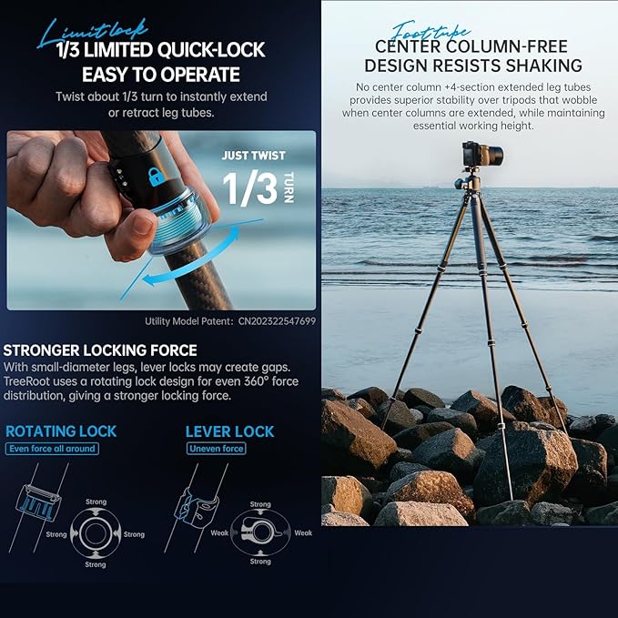 FALCAM TreeRoot F38 Quick Lock Camera Carbon Fiber Travel Tripod Max Payload 50Kg/110lbs (R140T)-T00A4904