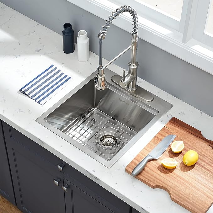 Kitchen Sink, 17 x 19 Inch Drop-in Bar Sink Stainless Steel Topmount Kitchen Sink Single Bowl Workstation Sink with Cutting Board