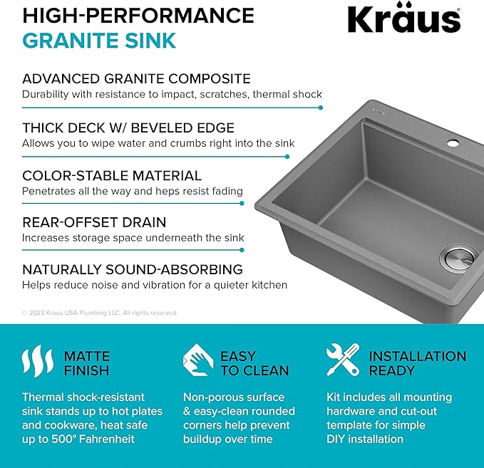 KRAUS Bellucci 25-inch Granite Workstation Drop In Top Mount Single Bowl Kitchen Sink in Metallic Grey with Accessories, KGTW12-25MGR