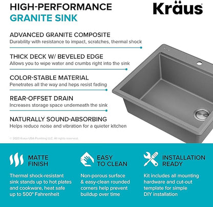 KRAUS Bellucci 25-inch Granite Workstation Drop In Top Mount Single Bowl Kitchen Sink in Metallic Grey with Accessories, KGTW12-25MGR