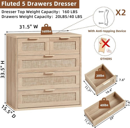 LEYAOYAO Rattan Dresser for Bedroom Set of 2, 33.5" Tall Chest of Drawers - Image 2