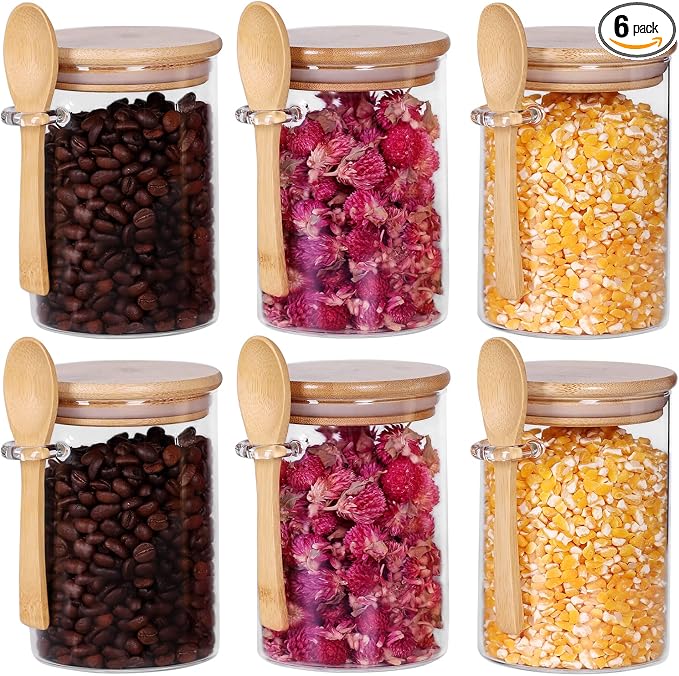 Glass Jars with Bamboo Lids and Spoon Set of 6, 17 OZ Coffee Sugar Container by LEAVES+AND+TREES+Y