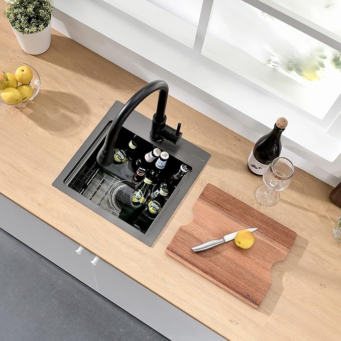 Kitchen Sink, 15 x 15 x 10 inch Kitchen Sinks Small Bar Prep Sink 16 Gauge Gunmetal Black Drop in Kitchen Sink Single Bowl Workstation Sink with Cutting Board