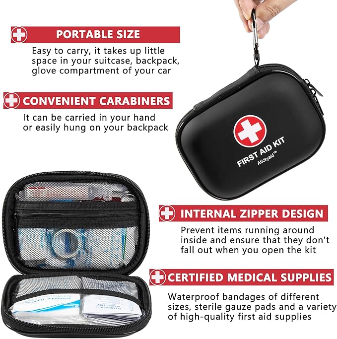 Mini First Aid Kit - 120 Piece Small Waterproof Hard Shell Medical Kit for Car, Home, Office, Travel, Camping, Sports, Outdoor, School - Emergency First Aid Supplies and Survival Kit (Black)