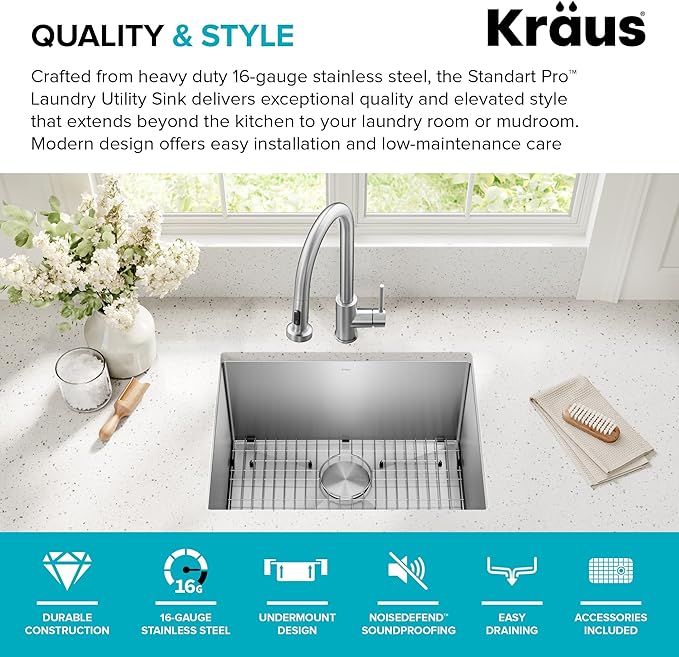 Kraus KHU101-24L Standart PRO 24-inch Undermount 16 Gauge Single Bowl Laundry and Utility Sink, 24 Inch, Tight Radius