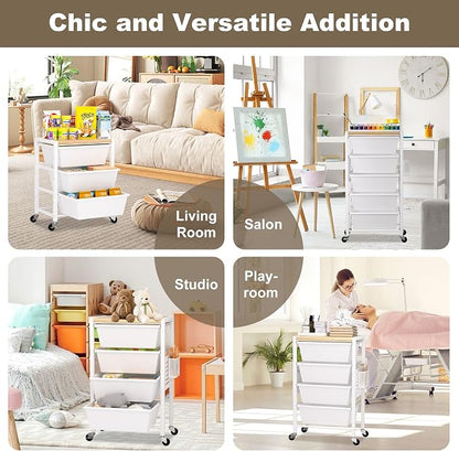 Rolling Cart with Drawers, Rolling Storage Cart with 5 Large Plastic Drawers & - Image 8